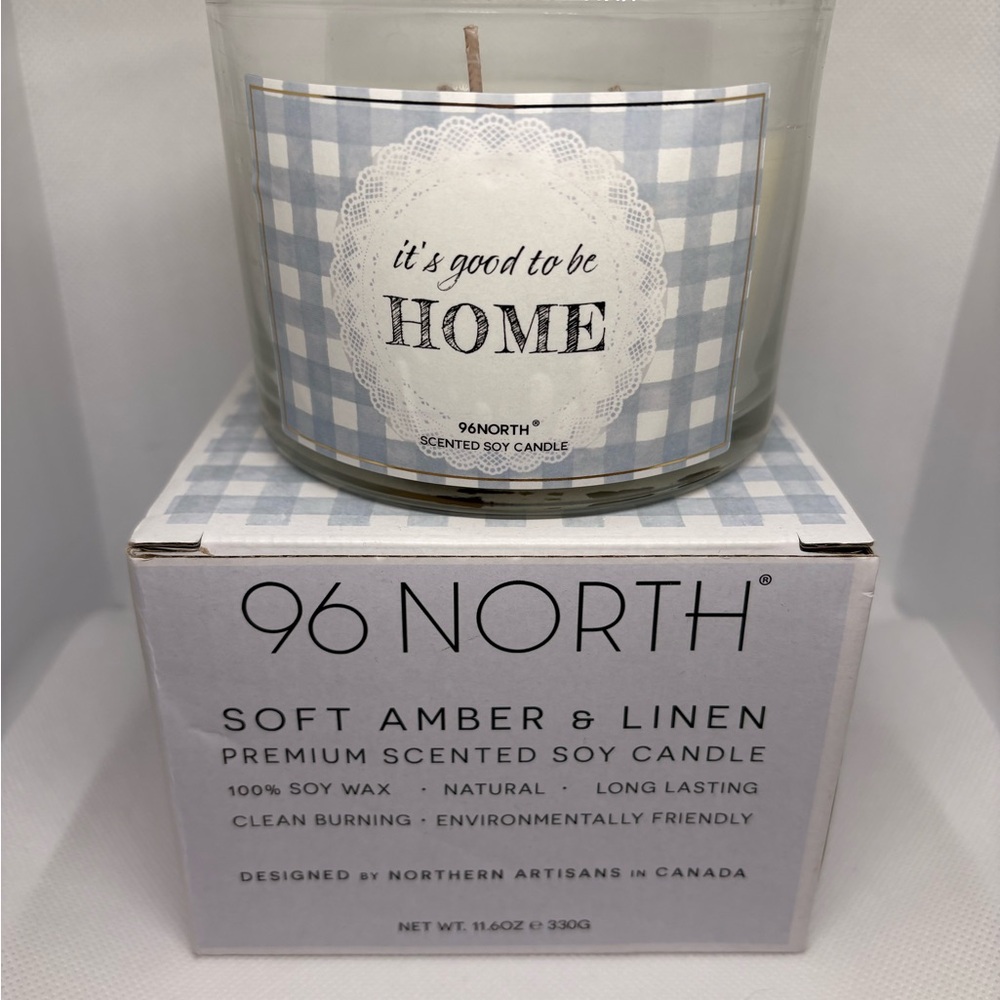 Soft Amber & Linen Scented Soy Candle — Light Blue